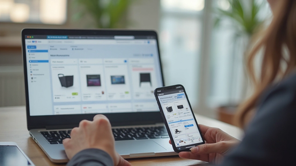 Mobile phone and laptop screen showing e-commerce admin dashboard with product listings and payment settings