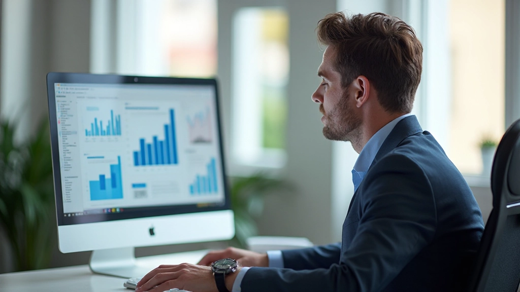 Person examining sales analytics and performance metrics displayed on multiple computer monitors