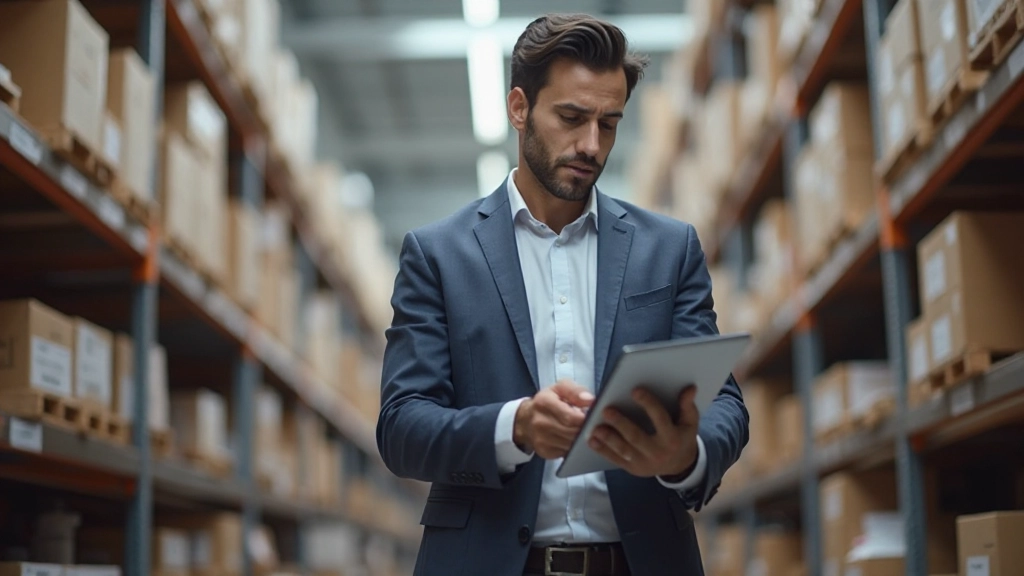 Organized warehouse shelves with labeled bins and digital inventory tracking system displayed on tablet