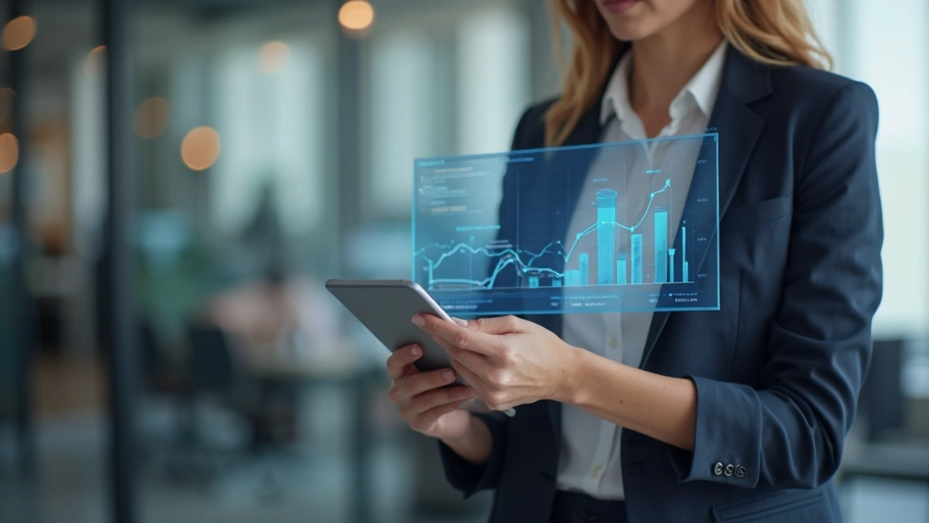 Tablet screen displaying sales performance dashboard with trend lines, revenue charts, and customer behavior analytics in a professional interface